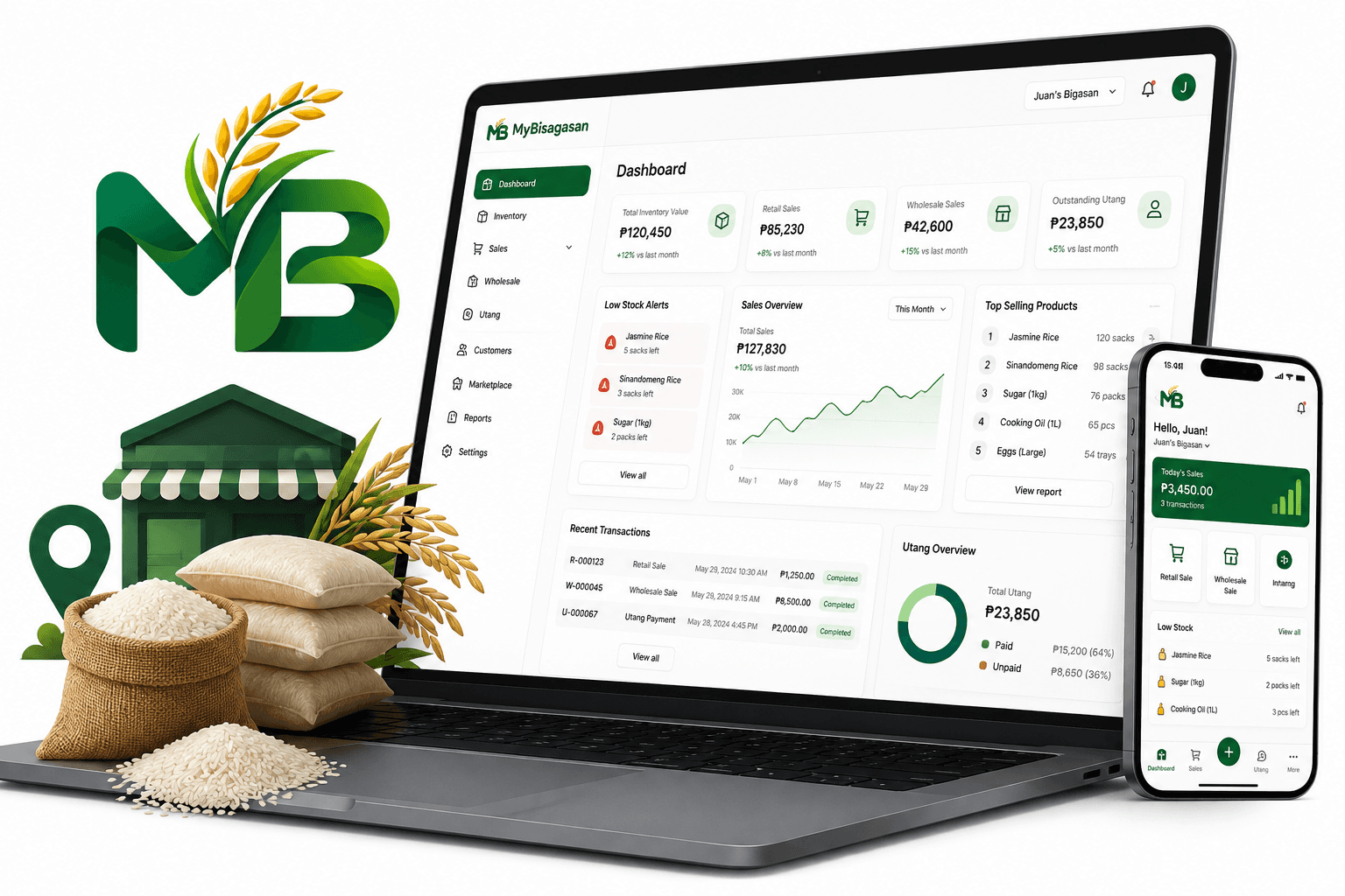 MyBigasan dashboard shown on a laptop and phone, next to sacks of rice