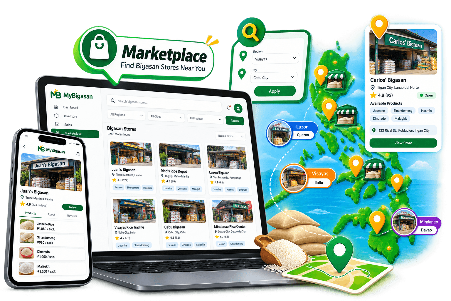 MyBigasan marketplace showing bigasan stores browsable by region and city, on desktop and mobile